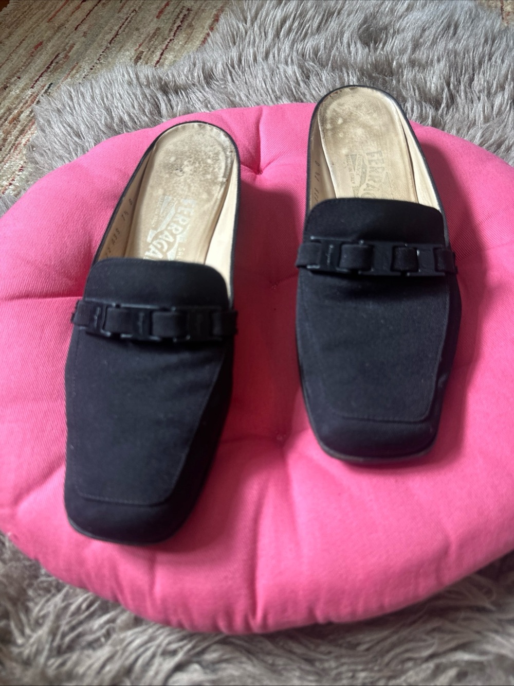 Salvatore Ferragamo Women Shoes Black Fabric Mules Size 7.5 B